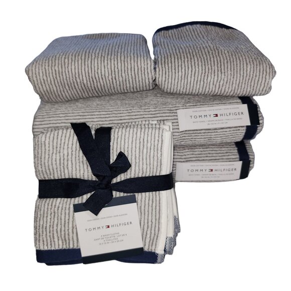 Tommy Hilfiger 8pc Cotton Towel Set Bath Hand Washcloths White Navy Gray Striped - Picture 8 of 12